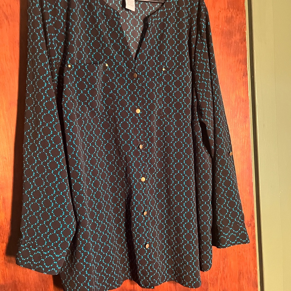 Catherines Black Blouse with Teal Geometric Print